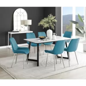 Image of Furniturebox UK - Furniturebox Carson White Marble Effect Rectangular 160cm Dining Table & 6 Blue Pesaro Silver Leg Velvet Chairs