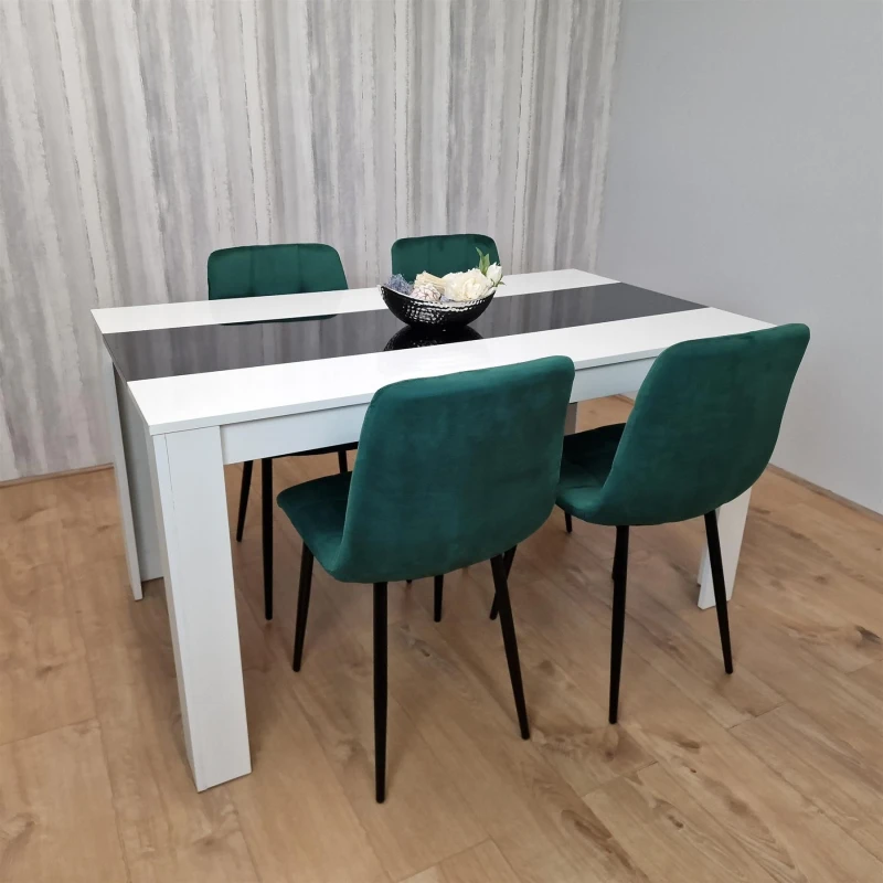 Image of KOSY KOALA Dining Table and 4 Chairs White Black Wood 4 Velvet Green Chairs Dining Room Modern w/b 140 + 4 green rocco