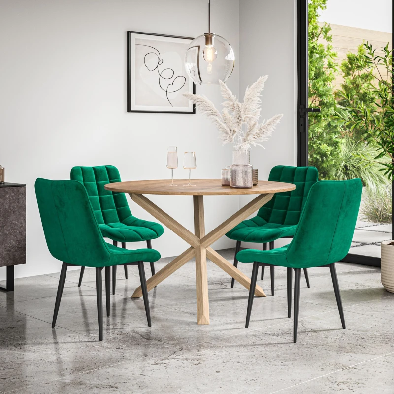 Image of More4Homes Malvern Round Dining Table And Chairs - Oak Table Top W Solid Oak Legs + Nova Velvet Dining Chair Set Of 4 (Green)