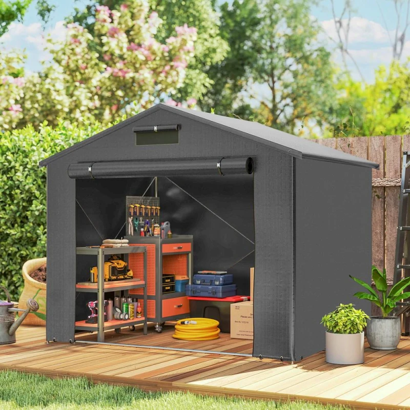 Image of OUTSUNNY 8 x 4ft Garden Storage Shed with Roll-up Zipper Door, Dark Grey Dark Grey Unisex
