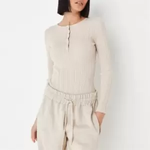 Image of Missguided Rib Half Button Knit Bodysuit - Beige