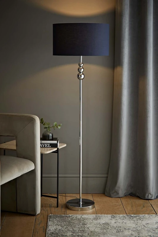 Image of ValueLights Marissa Fabric Drum Shade with Chrome Stacked Ball Floor Lamp Navy