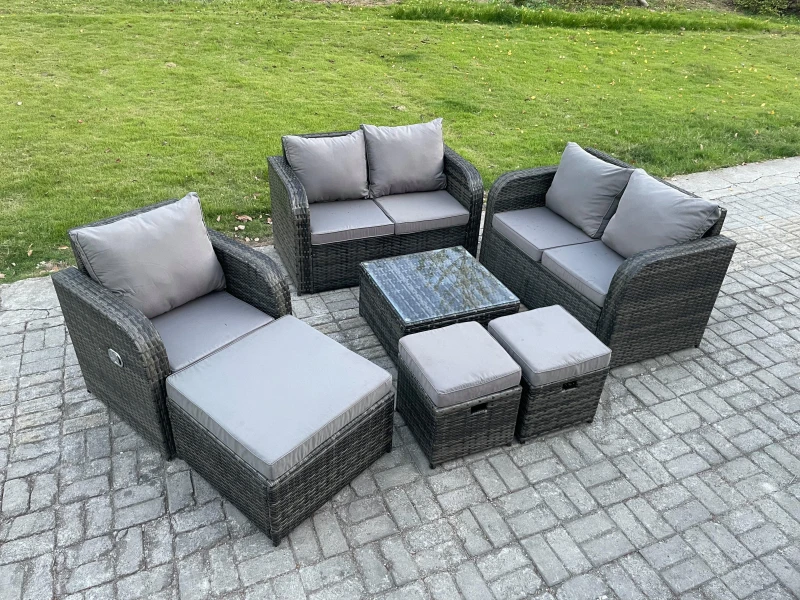Image of Fimous 7 Piece Garden Furniture Sets 6 Seater Outdoor Patio Furniture Set Weaving Wicker Rattan Sofa Chair and Table with 3 Footstools Dark Grey
