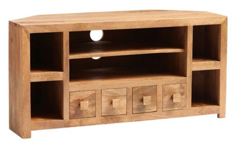 Image of Buttercup Farm Toko Light Mango Corner TV Unit Open - Solid Mango Wood - L45 X W110 X H55 Cm