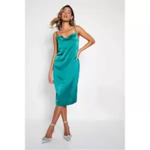 Image of I Saw It First Emerald Green Satin Cowl Neck Tie Back Midi Dress - Green