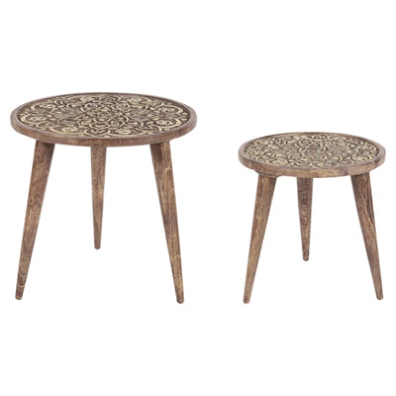 Image of Beliani Set Of 2 Side Tables Ranja Mango Wood Dark Brown