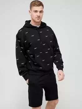 Image of HUGO Dortalezza All Over Logo Overhead Hoodie - Black, Size S, Men