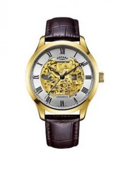 Image of Rotary Greenwich Gold Skeleton Dial Brown Leather Strap Mens Watch, One Colour, Men