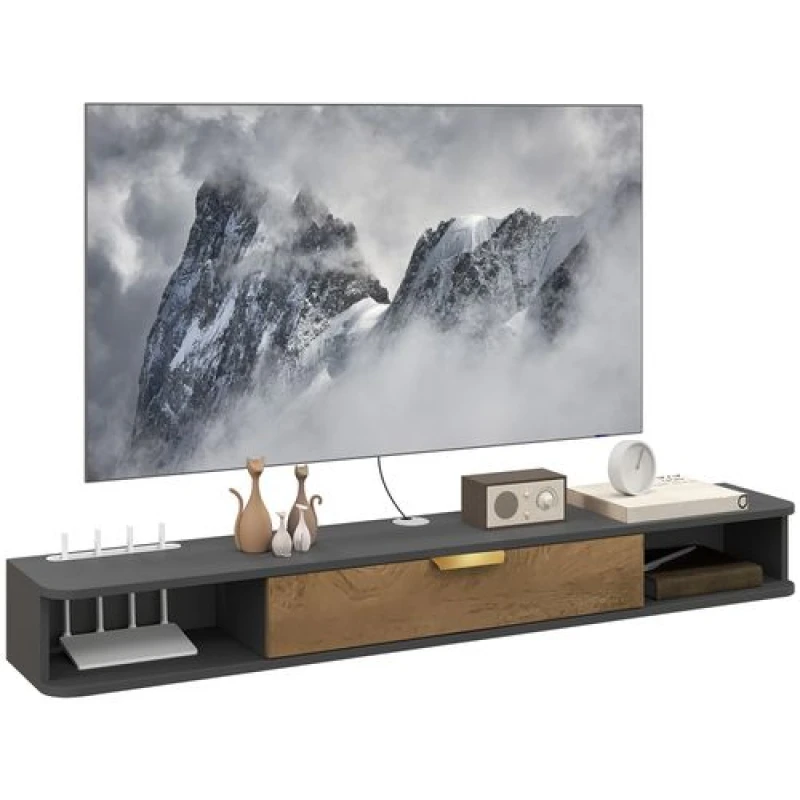 Image of HOMCOM HOMCOM 140cm Floating TV Unit with Storage Entertainment Media Console Grey in Dark Grey Size: Large Dark Grey Large Unisex 5063603093638