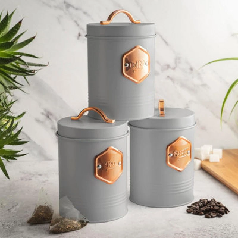 Image of Cooks Professional 3 Piece Tea Coffee Sugar Cannister Set - Labelled Kitchen Storage Tins With Airtight Lids - Grey & Copper