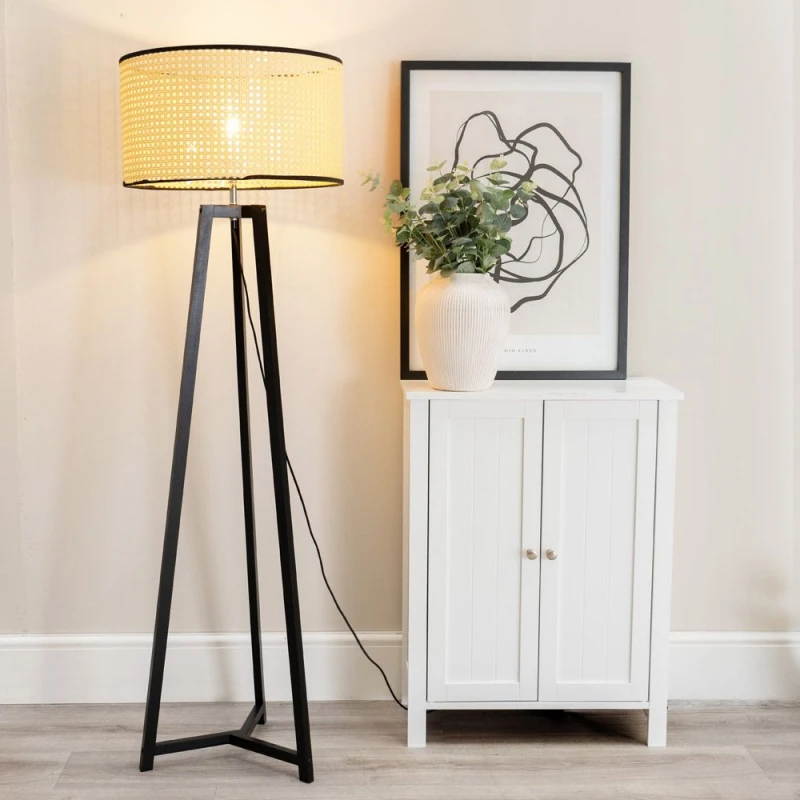 Image of ValueLights Lottie Black Wood Tripod Floor Lamp with Natural Cane Drum Shade Natural