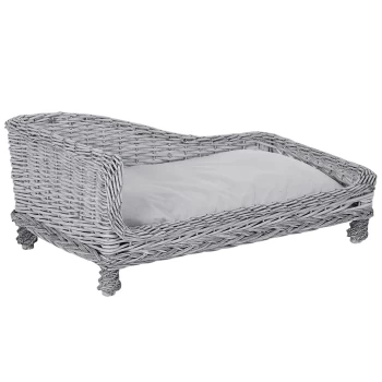 Image of Pawhut Wicker Dog Cat Bed Kitten Lounger Pet Bed Rattan Willow Basket Soft Cushion Lightweight 69 x 42 x 33cm Grey
