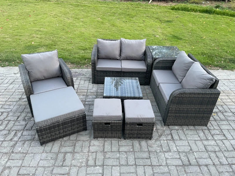 Image of Fimous 8 Piece Garden Furniture Sets 8 Seater Outdoor Patio Furniture Set Weaving Wicker Rattan Sofa Chair and Table with 3 Footstools Dark Grey