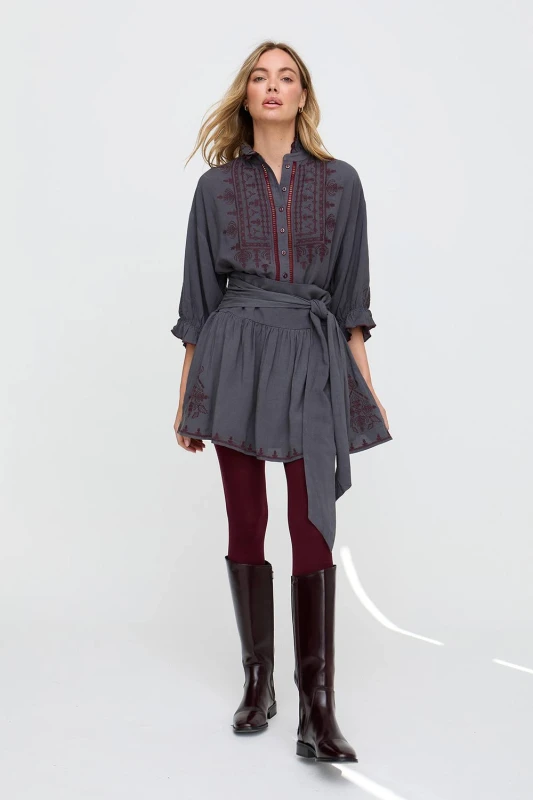 Image of Raffya Womens Julie Embroidered Skater Mini Skirt In Dark Grey Size: 8 Grey Female 8