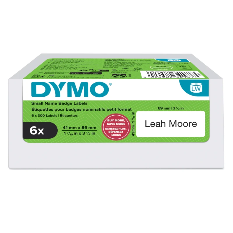 Image of Dymo DYMO Authentic LabelWriter Small Name Badge Labels 41mm x 89mm Self-Adhesive 6 Rolls of 300 Easy-Peel Labels (1,800 Count) for LabelWri