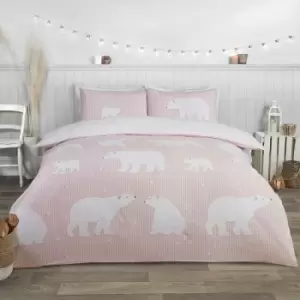 Image of Rapport Polar Bear 100% Brushed Cotton Double Duvet Cover Set Reversible Bedding Blush - Blush Pink