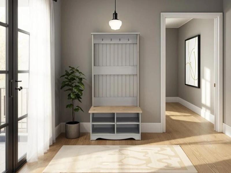 Image of Core Corona Grey and Waxed Pine 2 Tier Shoe Bench With Hat and Coat Rack