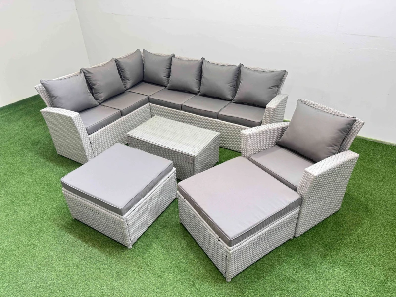 Image of Fimous 9 Seater Garden Outdoor PE Rattan Furniture Set with 2 Big Stools in Light Grey Light Grey Unisex