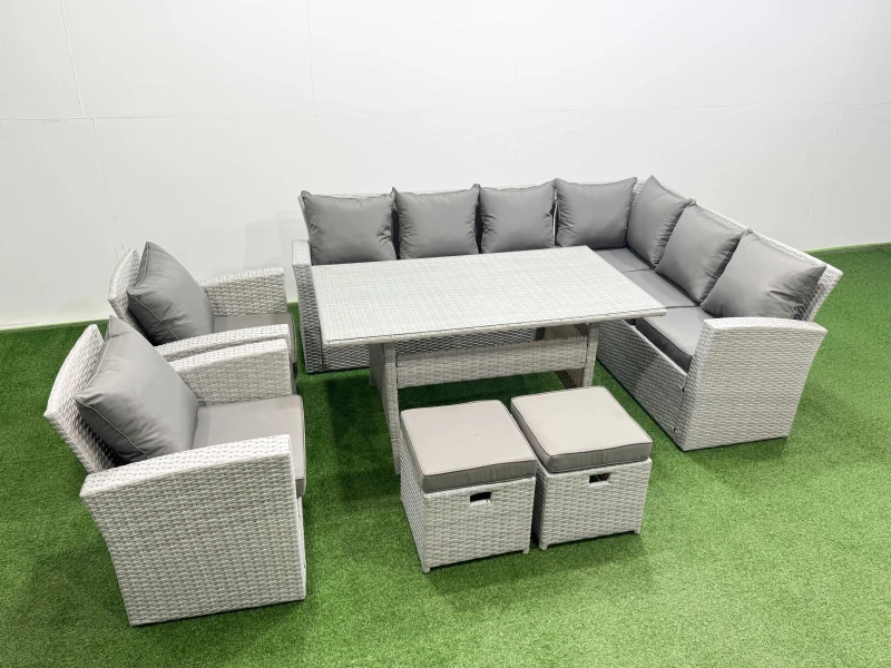 Image of Fimous Rattan Garden Furniture Set Outdoor 10 Seater Dining Corner Sofa Sets in Light Grey Light Grey Unisex
