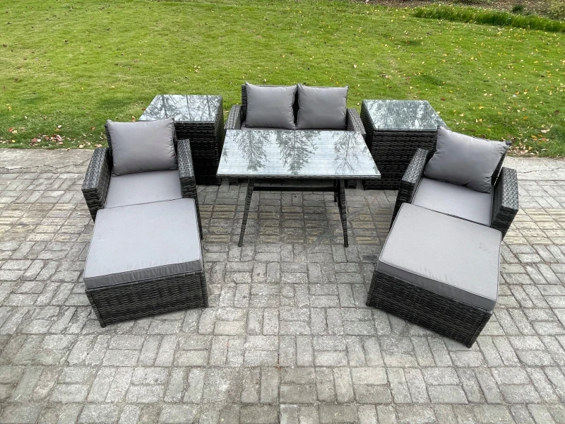 Image of Fimous Rattan Wicker Garden Furniture 6 Seater Patio Conservatory Sofa Set with Rectangular Dining Table Armchair in Dark Grey Dark Grey Unisex