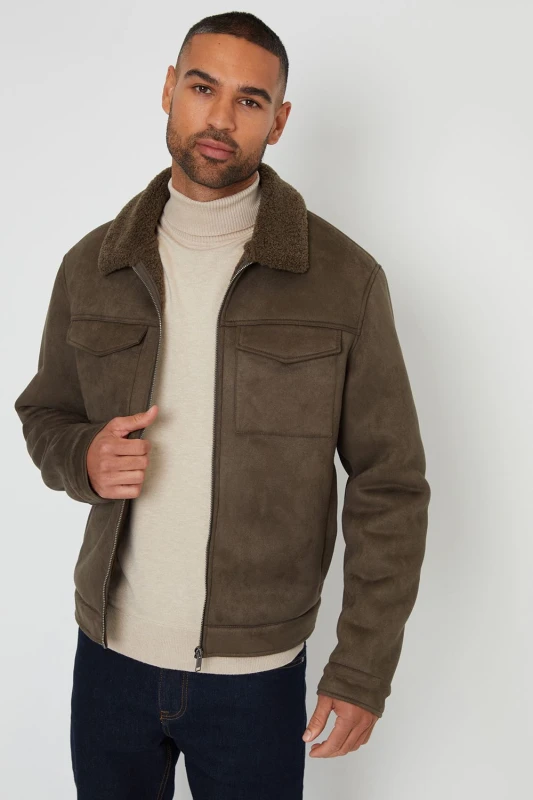 Image of Threadbare Threadbare Men 'Olpherts' Faux Suede Borg Lined Aviator Jacket in Khaki Size: 2X-large Khaki XXL Male 7625915020962