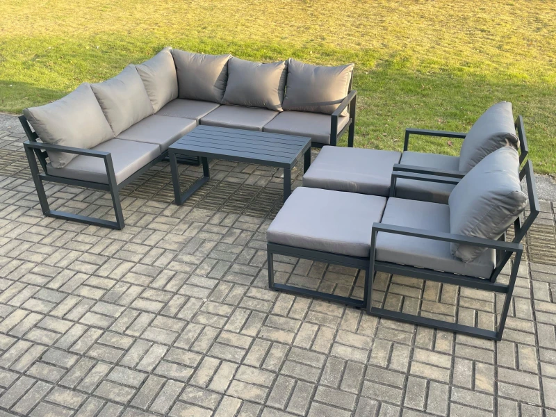 Image of Fimous 9 Seater Aluminium Outdoor Garden Furniture Set Patio Lounge Sofa with Oblong Coffee Table 2 Big Footstools Dark Grey Dark Grey Unisex