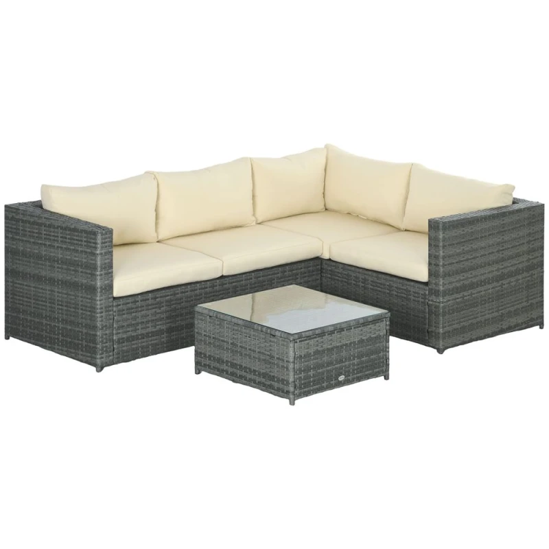 Image of Outsunny 3Pcs Rattan Corner Sofa Set Coffee Table Garden Furniture with Cushion, Cream 860-068V01BG