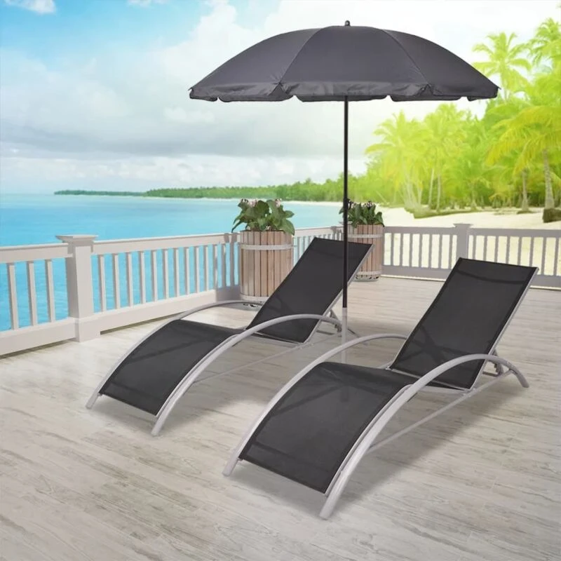 Image of VIDAXL Sun Loungers with Umbrella Aluminium Black Vidaxl 42161
