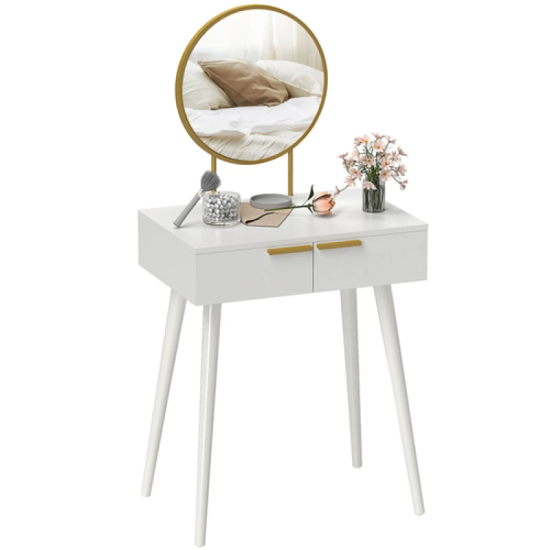 Image of HOMCOM HOMCOM Modern Dressing Table w/ 2 Drawers Round Mirror for Bedroom White White One Size Unisex 5063603034389
