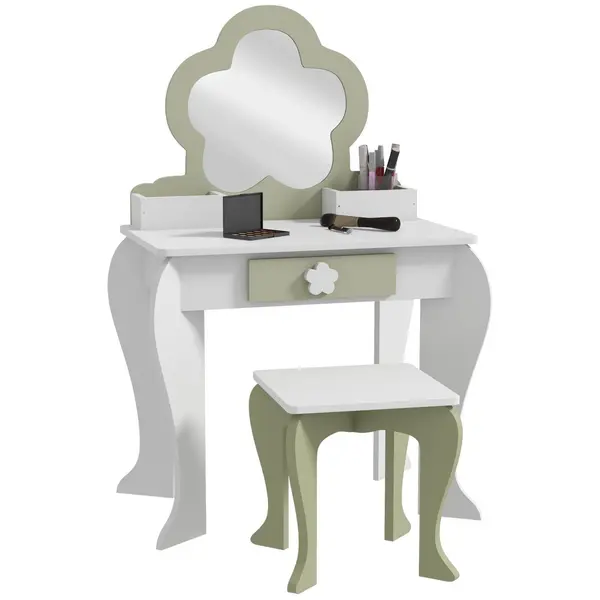 Image of ZONEKIZ Kids Dressing Table with Mirror and Stool, Drawer, Storage Boxes - White White