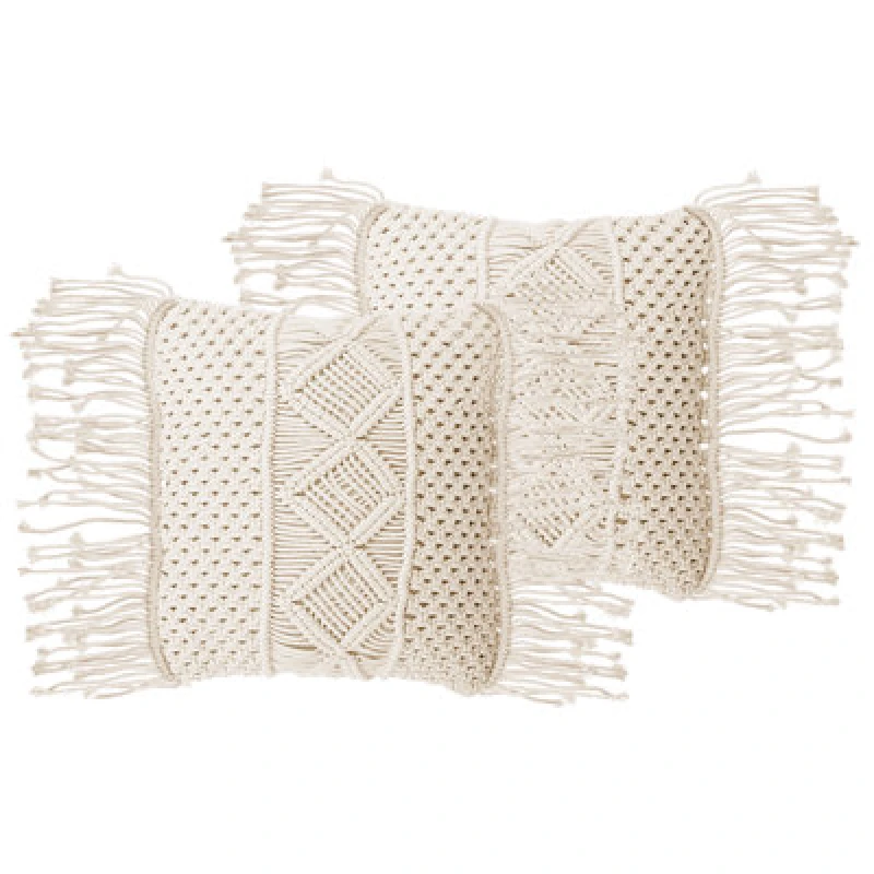 Image of Beliani Set Of 2 Decorative Cushions Yortan Cotton 45 X 45cm Light Beige Geometric Pattern