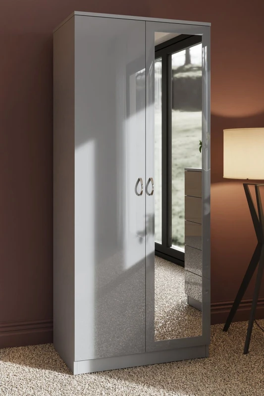 Image of FWStyle FWStyle High Gloss 2 Door Mirrored Double Wardrobe in Grey Grey One Size Unisex 5056413121165