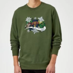 Image of Marvel Comics Thor Ironman Hulk Snowflake Green Christmas Sweatshirt - M - Green