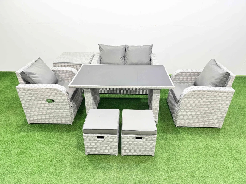 Image of Fimous Outdoor Rattan Garden Furniture Dining Set 6-seater with Side Table in Light Grey Light Grey Unisex