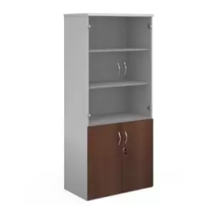 Image of Duo combination unit with glass upper doors 1790mm high with 4 shelves - white with walnut lower doors