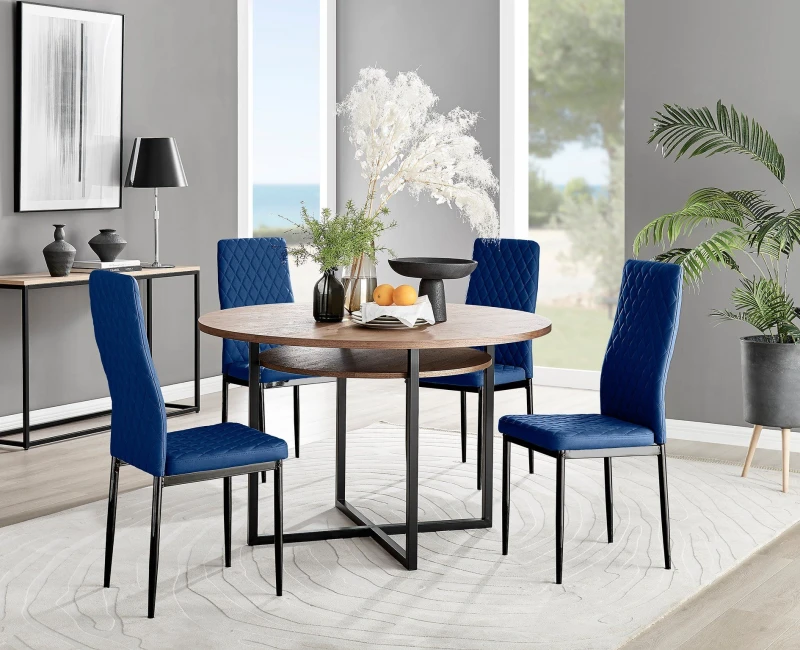 Image of FurnitureboxUK FurnitureboxUK Adley Brown Wood Storage Dining Table & 4 Velvet Milan Black Leg Chairs in Navy Navy One Size Unisex 5056657141738
