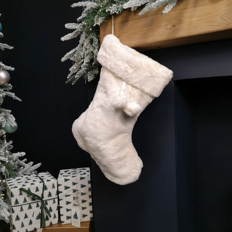 Image of 50cm Winter White Faux Fur Hanging Christmas Stocking with Pom Poms