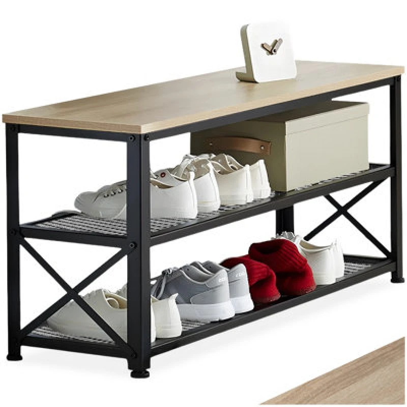 Image of Tectake Shoe Rack Blackpool - Surface Shelf And 2 Grid Shelves, Industrial Style - Industrial Wood Light, Oak Sonoma