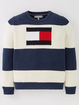 Image of Tommy Hilfiger Boys Flag Color Block Sweater - Navy/Ivory, Navy/Ivory, Size Age: 5 Years