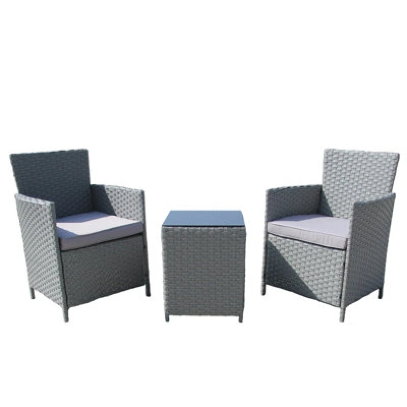 Image of 3 Piece Rattan Garden Furniture Set, 2 Seater Patio Bistro Set With Glass Top Table, Soft Cushion - Gray