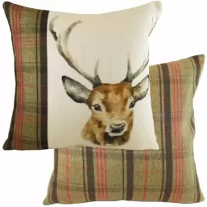 Image of Evans Lichfield - Hunter Stag Print Tartan Cushion Cover, Multi, 43 x 43 Cm