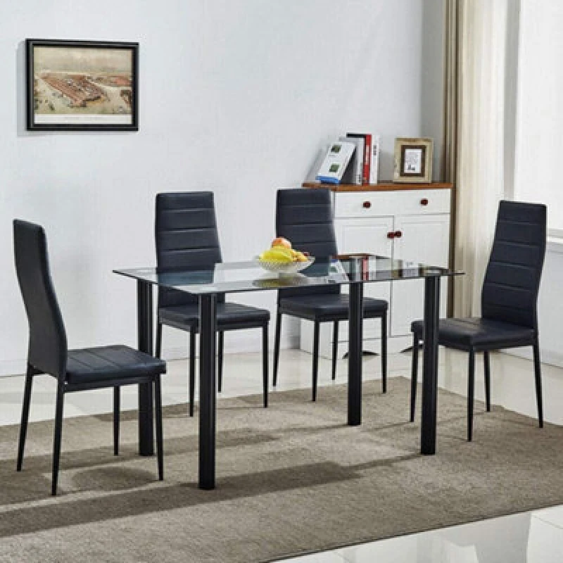Image of Kosy Koala Black Glass Dining Table Set With 4 Black Chairs For Dining Room And Kitchen Furniture
