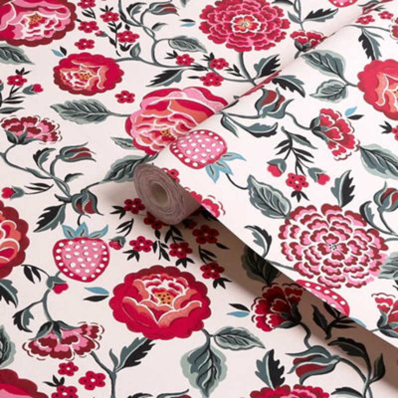 Image of Cath Kidston Strawberry Garden Rose Floral Wallpaper Wallpaper One Size Pink 71738606000