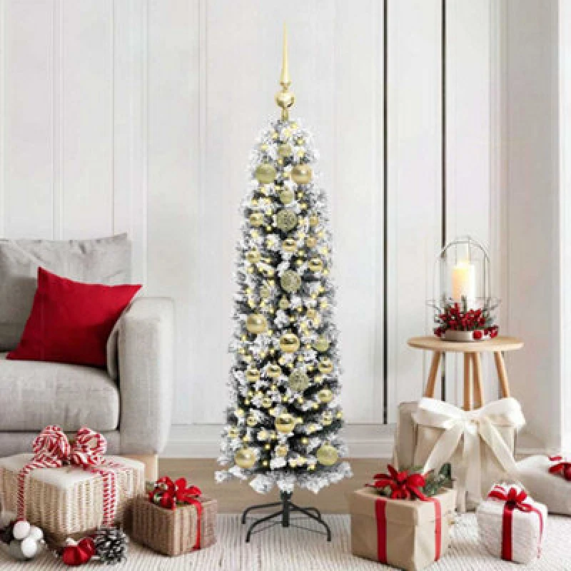 Image of vidaXL Artificial Christmas Tree with 150 LEDs, Gold Balls with Stand Snow Flocked Green 150 cm, Green 3395009