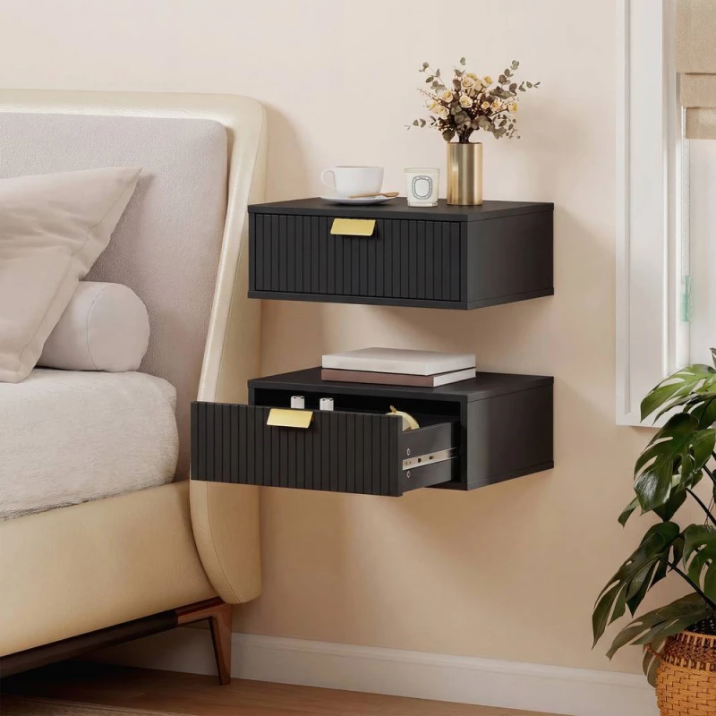 Image of HOMCOM Floating Nightstands Set of 2 Bedside Tables w/ Wave Drawer in Black Unisex