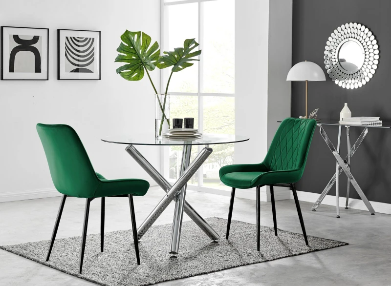 Image of FurnitureboxUK FurnitureboxUK Selina Round Glass Chrome Leg Dining Table and Pesaro Black Leg Chairs in Green Size: 4 Person Green 4 Person Unisex 5