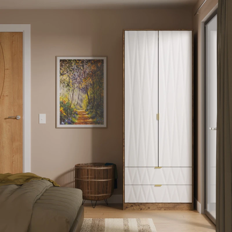 Image of Welcome Furniture Ready Assembled Las Vegas Tall 2 Drawer Wardrobe In White Matt & Vintage Oak LVF081WMVO