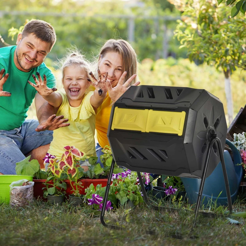 Image of Outsunny 160L Outdoor Tumbling Compost Bin with Dual Chamber - Yellow TJ Hughes 5061025115280