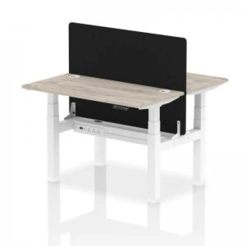 Image of Air Back - to - Back 1200 x 600mm Height Adjustable 2 Person Bench Office Desk Grey Oak Top - Cable Ports White Frame - Black Straight Screen