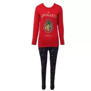 Image of Harry Potter Womens/Ladies Hogwarts Crest Long Pyjama Set (12 UK) (Red/Navy)